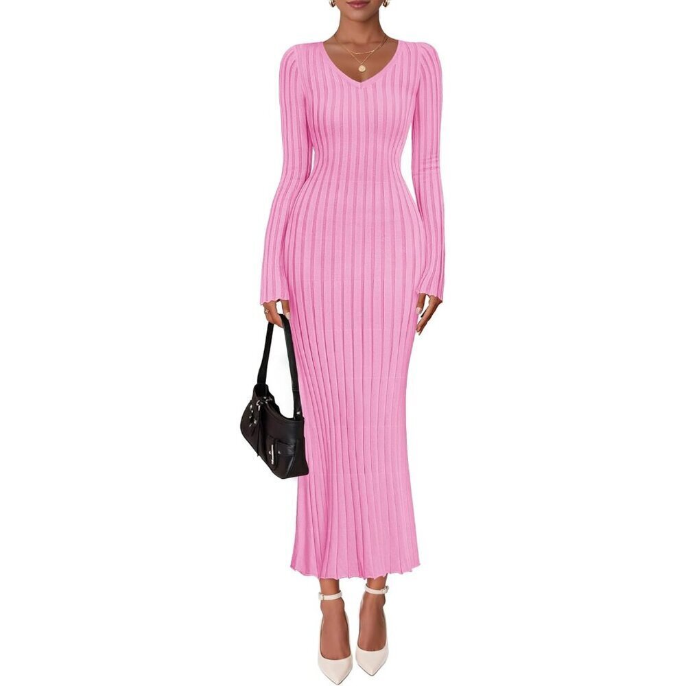 Women's Fall Sweater Dress Long Sleeve V Neck Ribbed Knit Bodycon Maxi